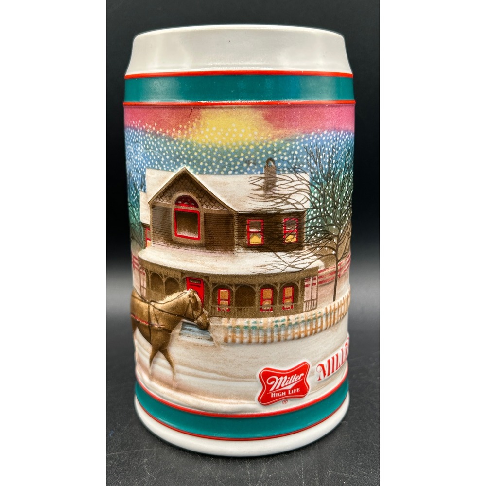 Miller High Life Holiday Tradition Beer Stein Winter Sleigh Ceramic Mug Vtg 20oz